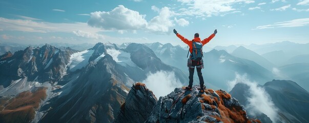 Triumphant Climber Atop Majestic Mountain Peaks Celebrating Achievement in Nature s Grandeur