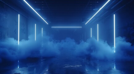 A dark empty street, dark blue background, an empty dark scene, neon light, spotlights The asphalt floor and studio room with smoke float up the interior texture. night view