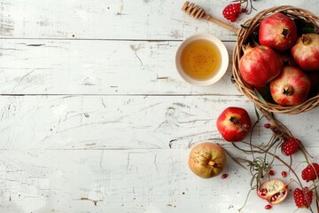 Rosh hashanah traditional symbols. Apples, pomegranate and honey on a white wooden background. Copy space. Top view.