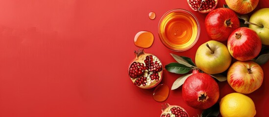 Rosh hashanah traditional symbols. Apples, pomegranate and honey on a red background. Copy space.