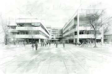  Abstract black and white architectural sketch of a modern public square with open spaces and...