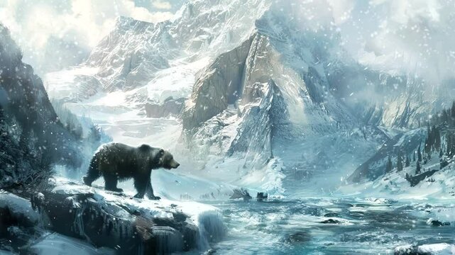 Ursine Odyssey: A Bear's Journey Through a Snowy Wonderland. Seamless looping time-lapse virtual 4k video animation background