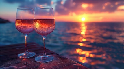 Rosé Wine on Sunset Seashore: Selective Focus
