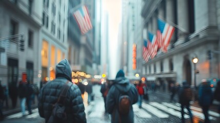 Fototapeta premium Blurred Silhouettes of People Rushing Through a Bustling Urban Financial District