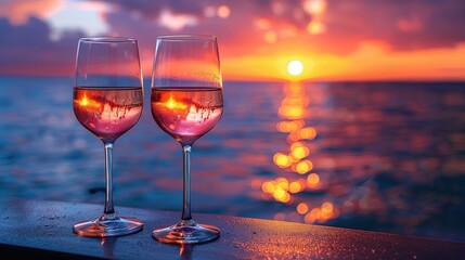 Sunset Serenity: Two Glasses of Rosé Wine by the Sea
