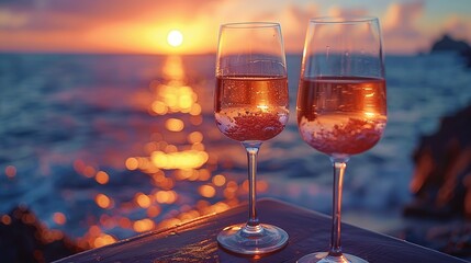 Sunset Serenity: Two Glasses of Rosé Wine by the Sea