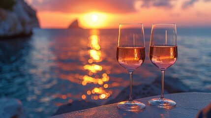 Coastal Evening: Two Glasses of Rosé with Sunset View