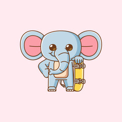 Cute elephant Playing Skateboard pose animal kawaii chibi character mascot illustration outline