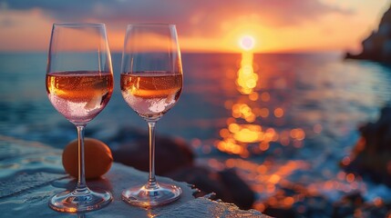 Seaside Romance: Two Glasses of Rosé Wine at Sunset