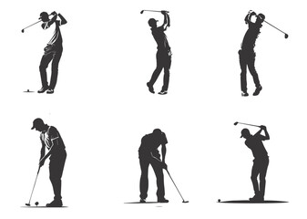 people playing golf in various poses isolated vector silhouette on white background