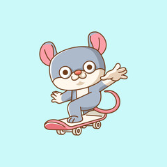 Fototapeta premium Cute mouse Playing Skateboard animal kawaii chibi character mascot illustration outline style