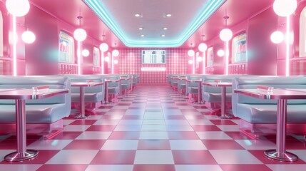 Vintage 1950s diner with checkerboard floor and neon lighting in a bright setting