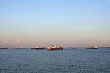 Cityscape With Cargo Ships At Skyline, Sea Transport Or International Transportation Industry.