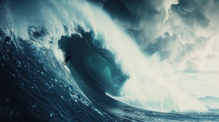 A lone surfer skillfully rides a massive wave under dark, stormy skies, capturing the power and intensity of nature and the thrill of extreme sports