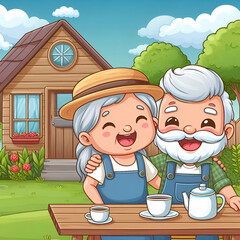 An elderly man and woman sit and laugh happily in a garden house in the middle of nature.