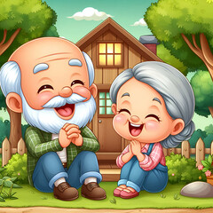 An elderly man and woman sit and laugh happily in a garden house in the middle of nature.