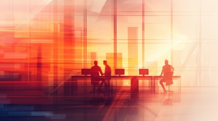 Fototapeta premium Silhouetted figures work in a modern office bathed in vibrant sunset light, capturing the energy and dynamism of a contemporary workplace