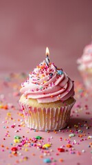 Pink Birthday cupcake , commercial ads photo, product shot, stunning, beautiful, minimalist, award
