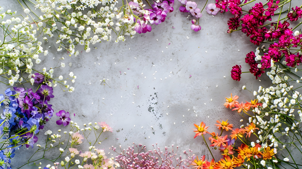 Poster small multicolored flowers with babys breath arranged in a circle shape of the wreath  flat lay top view copy space special focus close up : Generative AI
