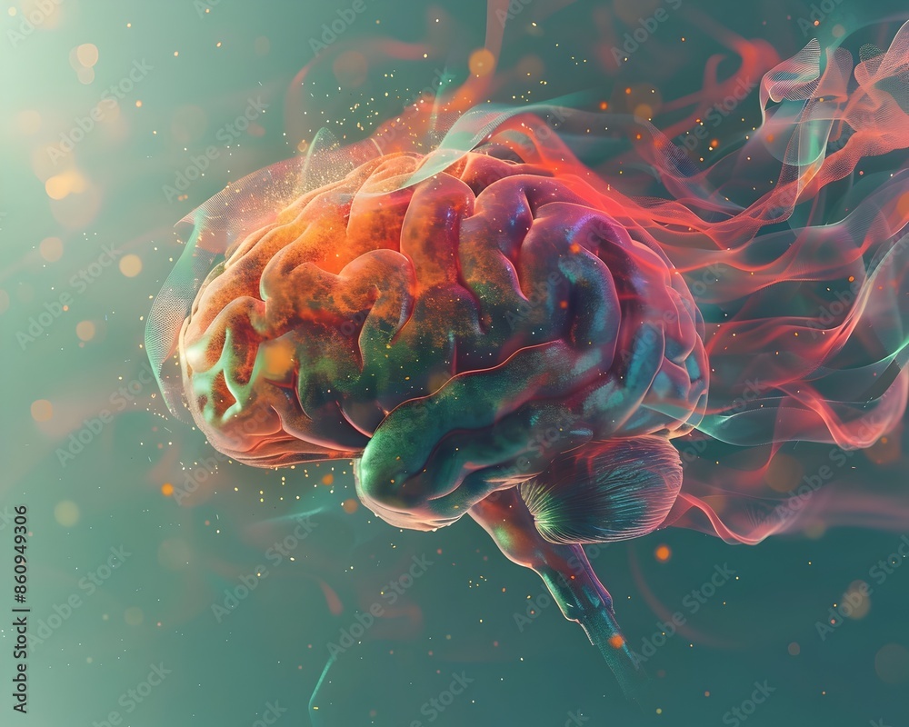 Poster vibrant brain visualization representing dynamic data processing and analytical insights