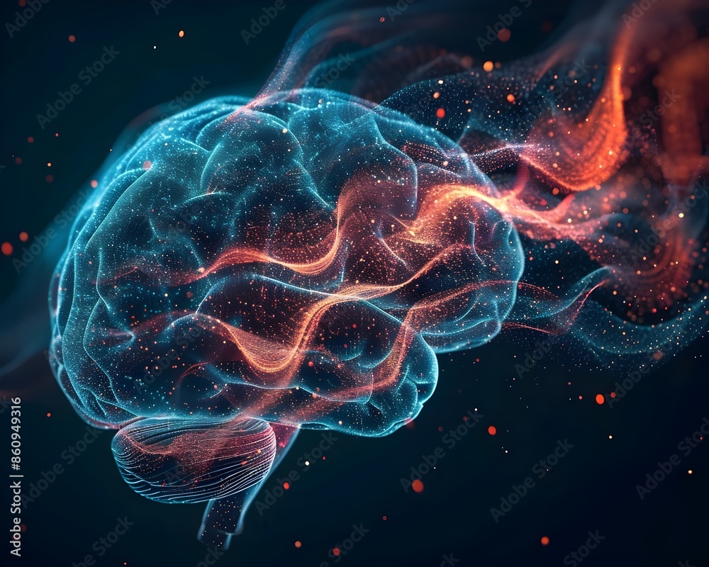 Poster brain with flowing data streams representing information processing and analytics