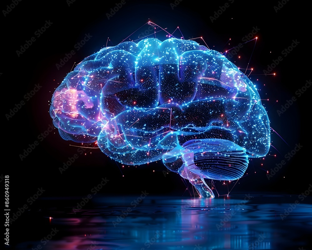 Poster futuristic brain with flowing data analytics and neural connections