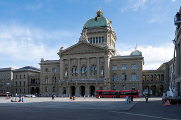 Naklejka premium View of the central building of the Federal Palace of Switzerland, the seat of the Swiss government, located in Bern, the federal city (Bundesstadt) and de facto capital of Switzerland.