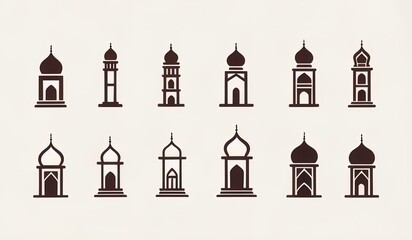 Obraz premium city landmarks and monuments. minaret building. mosque landmarks. icon set. symbol set. illustration of church. illustration of a temple