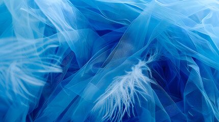 Obraz premium Blue tulle with ostrich feathers Abstract background Fabric folds clothing design concept Garment industry Selective focus : Generative AI