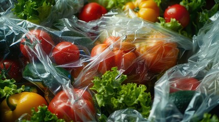 Bioplastic film wrapping fresh produce, Realism, Earthy tones, Photography, Sustainable food packaging