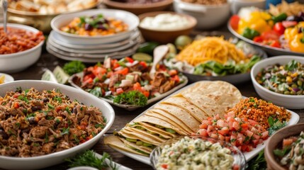 Fototapeta premium A vibrant display of various Mexican cuisine dishes, including tacos, salsas, and salads, showcasing the rich flavors and ingredients.
