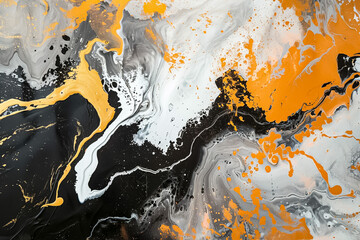 A painting with black and white and orange splatters