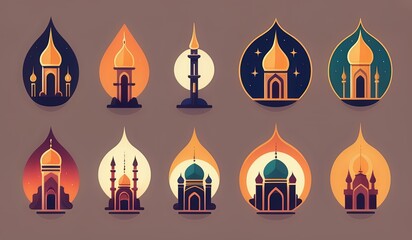 Obraz premium set of icons of church. illustration of a set of symbols. burning candles in the temple. candles in the church of the holy sepulchre. set of icons of landmarks. mosque vector. calligraphy of mosque