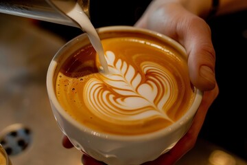 Barista hands expertly pouring latte art into a ceramic cup, with intricate heart or rosette designs on the frothy surface, highlighting the artistry and skill involved in coffee making