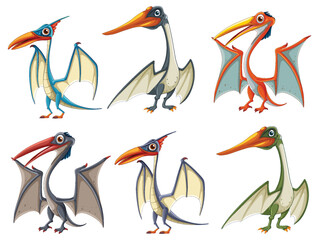 Six vibrant pterodactyl characters in various poses © blueringmedia