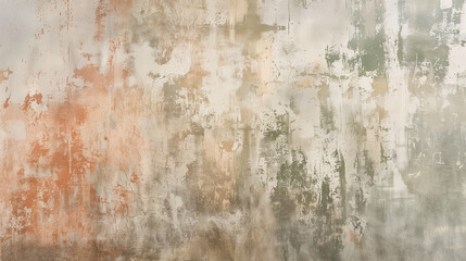 Rustic Textured Wall with Earthy Neutrals Color Washing Technique. Aged effect. Palette of beige, brown, clay red, green, and gray with subtle variations. High-resolution. Soft and layered finish.