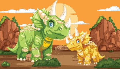 Two dinosaurs in a rocky terrain