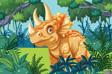 Adorable triceratops surrounded by dense jungle foliage