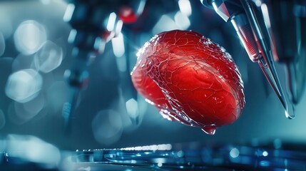 Bioengineered muscle tissue implant, hyperrealistic, detailed focus, surgical environment, high contrast lighting