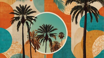 Vibrant vintage-inspired collage featuring palm trees within a circular frame, surrounded by abstract summer motifs in warm, citrusy shades of orange and turquoise. 