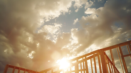 The structure of wood framing at construction site against a vast cloudy sky with bright sun behind New build home at empty lot framework ready for wall and roof install Real estate de : Generative AI