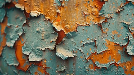 Abstract Close-Up of Weathered, Peeling Paint on Metal Surface with Orange and Blue Tones