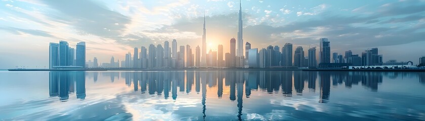Serene Cityscape Reflected in Tranquil Body of Water Highlighting Architectural Symmetry