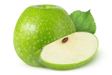 Green apples with leaf on isolated white background.