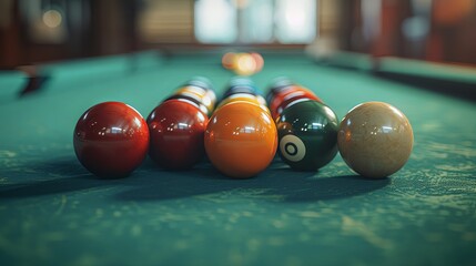 Colorful Billiard Balls Arranged on Green Pool Table in Low Light Room