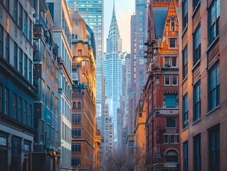 A Juxtaposition of Old and New Architecture in a Vibrant City Skyline with Historic Buildings and Towering Skyscrapers