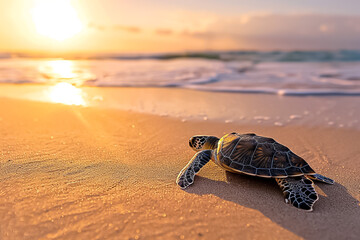 A baby turtle lays on the beach, looking up at the sun