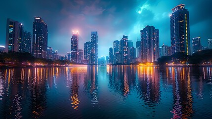 Fototapeta premium Night Cityscape with Illuminated Skyscrapers Reflecting on Water