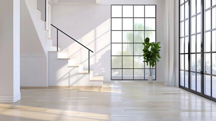 Obraz premium Contemporary home with minimal furnishings and decor light wood floor stairs white walls large windows with black frames and simple style : Generative AI