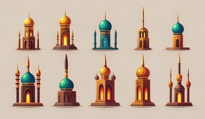Obraz premium set of icons of church. illustration of a set of symbols. burning candles in the temple. candles in the church of the holy sepulchre. set of icons of landmarks. mosque vector. calligraphy of mosque